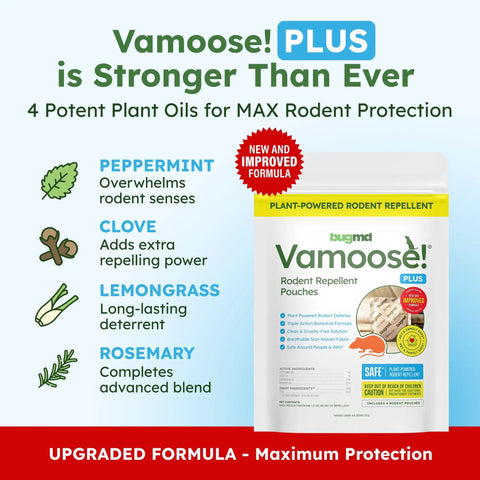Vamoose Plus Peppermint Oil Mouse Repellent Pouches with plant oils featured in a colorful design for pest control.