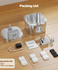Packing list for Stainless Steel Cat Water Fountain For Cats And Small Pets Automatic Indoor Waterer with components shown disassembled.