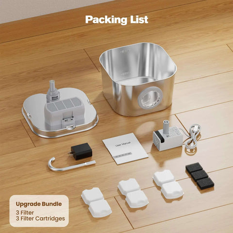 Packing list for Stainless Steel Cat Water Fountain For Cats And Small Pets Automatic Indoor Waterer with components shown disassembled.