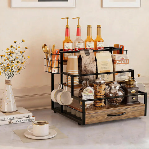 4-Tier Wooden Coffee Bar Organizer With Metal Frame And 36 K Cup Drawer For Countertop Storage In Kitchen Home Office