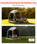 Big Pop Up Screen Tent 10x9.2 Ft With Awning in sun and rain, showcasing all-weather use, Portable Gazebo For Four To Eight People