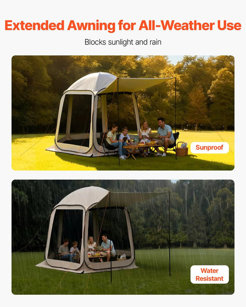 Big Pop Up Screen Tent 10x9.2 Ft With Awning in sun and rain, showcasing all-weather use, Portable Gazebo For Four To Eight People