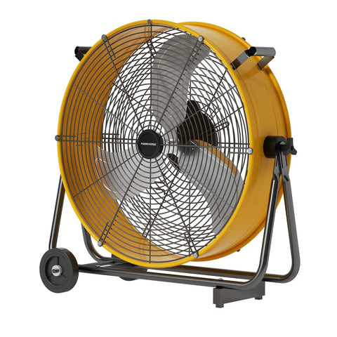24 Inch Industrial Drum Fan With 8800 CFM High Velocity Air, heavy duty metal, yellow, for garage, warehouse, and workshop use