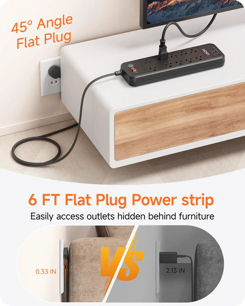 Flat Plug Power Strip With Surge Protector 1700J Converts 2 Prong To 3 Prong Outlets beside furniture on carpet