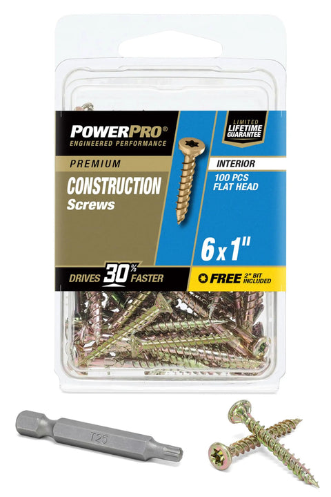 Package of Interior Construction Screws Size 6 X 1 Inch, 100 Pack, with included T25 bit, Pro Grade Fast Install features.