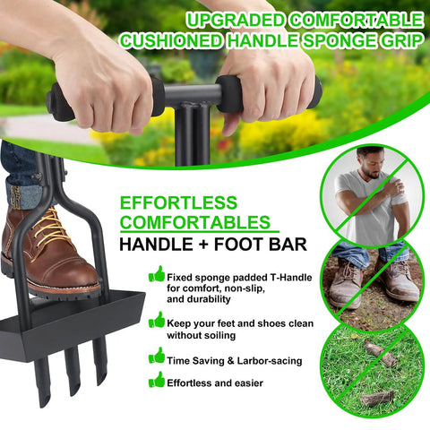 Manual Lawn Aerator with Soil Core Storage Tray showing cushioned handle and foot bar for clean yard care