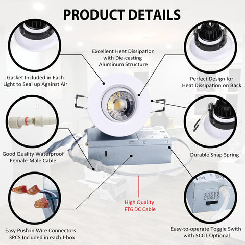 Canless Recessed Gimbal Downlight 3 Inch Eyeball Spotlight With 5 CCTs, Dimmable 8W, 360 Degree Rotatable and 30 Degree Tilt, Includes Junction Box, White Round Trim, Easy Install Ceiling Lights Kit, 6 Pack