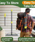 Tough-As-Nails 17 Inch Metal Bow Rake with XL Cowhide Gloves and 65 Inch Adjustable Steel Handle stored and portable for yard cleanup.