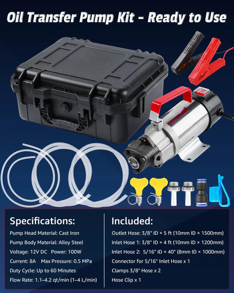 Heavy Duty 12V Oil Extractor Pump Equipped With Pure Copper Motor Efficiently Drains Thick Engine Oil Gear Transmission Fluid And Diesel in kit.