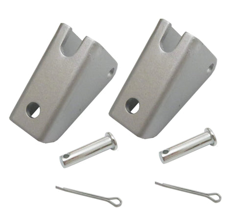 Front view of two gray steel mounting brackets for a linear actuator, with pins and retaining wires