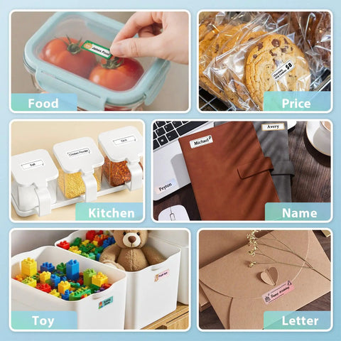 No Sweat Bluetooth Label Maker Mini Thermal Printer Pocket Sized Wireless Labeling Machine used on various labeled items.