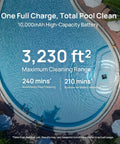 Top view of a pool showing the AquaSense 2 Cordless Robotic Pool Vacuum Cleaner operating with battery and runtime details overlayed.