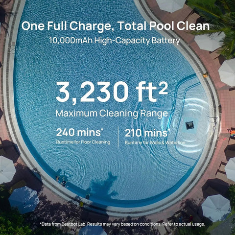 Top view of a pool showing the AquaSense 2 Cordless Robotic Pool Vacuum Cleaner operating with battery and runtime details overlayed.