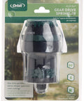 Front view of Six Pattern Gear Drive Sprinkler With H2O Six Technology in packaging displaying spray options and features.