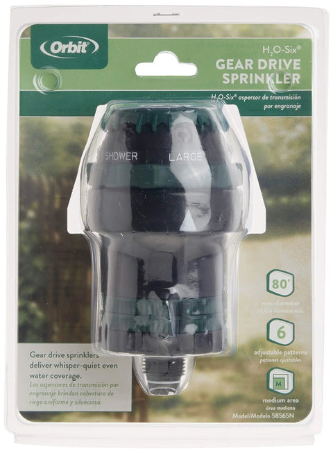 Front view of Six Pattern Gear Drive Sprinkler With H2O Six Technology in packaging displaying spray options and features.