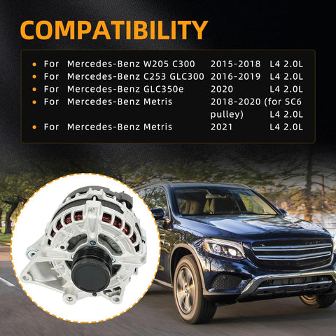 Beefed Up Alternator Replacement For Mercedes Benz W205 C300 2015 To 2018 C253 GLC300 2016 To 2019 GLC350e 2020 Metris 2018 To 2021 12V 190A 6 Groove Clutch Pulley A0009067703 next to a Mercedes-Benz vehicle.
