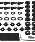 No Sweat Heavy Duty Tamper Proof License Plate Screws Set With Security Hex Buttons And Included Tool laid out, including screws, washers, and foam pads.