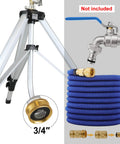 Tripod Lawn Sprinklers Pack Of 2 Heavy Duty 360 Degree Coverage For Yard And Garden Adjustable Height Tripod With Sprinkler Head Nozzle And Three Quarter NH Inlet Hose Connection Easy Setup And Wide Irrigation Reach showing tripod leg close-up and hose connection.
