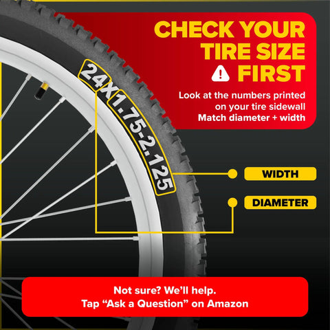 Close-up of bike tire sidewall displaying size 24x1.75–2.125, highlighting sizing guide for accurate fitment, check your tire size first.