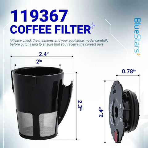 Upgraded Reusable Keurig Coffee Filter 2 Pack 119367 Replacement Part For K Cups 2.0 Series shown with dimensions