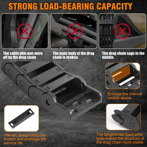 Enclosed Drag Chain Cable Carrier System showing load-bearing capacity and cable protection features for 3D printers and CNC machines.