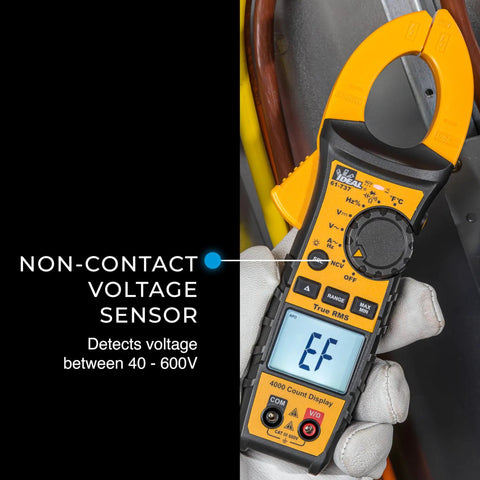 Digital AC Clamp Meter 0 to 400A and 0 to 600V AC and DC, TRMS, NCV, Diode Testing, Backlit Display, Probe Holder, CAT III 600V, Pro Grade Electrician Must Have for Precise Readings non-contact voltage sensor in gloved hand