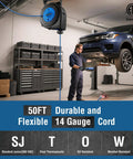 Long Reach 50 Ft Retractable Extension Cord Reel With 14AWG SJTOW Cable in garage with car lift and mechanic