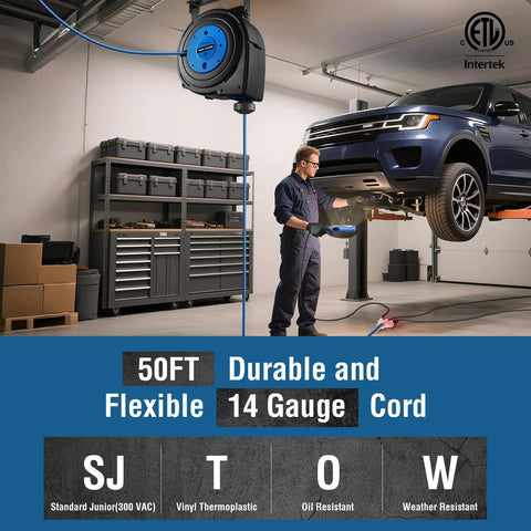 Long Reach 50 Ft Retractable Extension Cord Reel With 14AWG SJTOW Cable in garage with car lift and mechanic