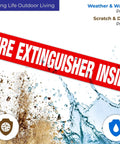 Fire Extinguisher Inside Sign 4 Pack 12x2 Inches Self Adhesive Vinyl Floor Decals on splash background showing durability features.