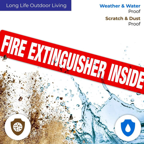 Fire Extinguisher Inside Sign 4 Pack 12x2 Inches Self Adhesive Vinyl Floor Decals on splash background showing durability features.