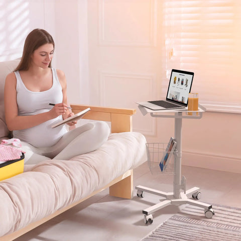 Mobile Laptop Cart On Wheels With Adjustable Height From 29.7 To 45.2 Inches Standing Rolling Desk beside couch with laptop