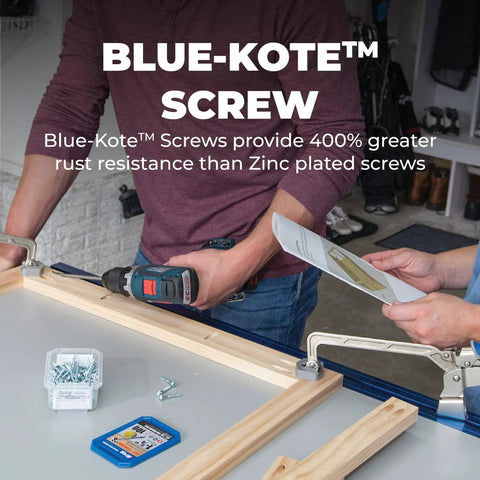 Two people assembling wood with Blue-Kote Pocket-Hole Screws For Outdoor DIY Projects 1-1/4 Inch Coarse Thread Maxi-Loc.