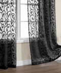 Black Sheer Curtains 90 Inch Long Two Panel Set, Light Filtering Semi Sheer Jacquard Farmhouse Window Panels, 52x90 Inches Each