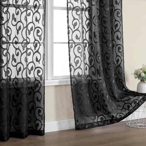 Black Sheer Curtains 90 Inch Long Two Panel Set, Light Filtering Semi Sheer Jacquard Farmhouse Window Panels, 52x90 Inches Each