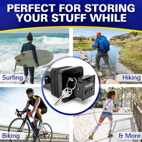 Solid Steel Hidden Trailer Hitch Locker With FourDigit Combo Lock Secret Stash Safe For Keys Cash And Cards perfect for surfing, hiking, and biking.
