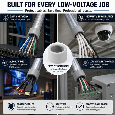 100 Pack Three Quarter Inch Emt Insulating Conduit Bushings White Plastic Cable Grommets NEC Approved for data and video installations.