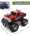 Red RC Monster Truck With Realistic Water Based Spray Mist 2.4GHz Remote Upright 360 Rotate 4WD All Terrain Off Road Toy Car 70 Minute Runtime Ideal Gift For Kids Aged 8 To 12 in 1:16 scale with oversized tires and box shown.