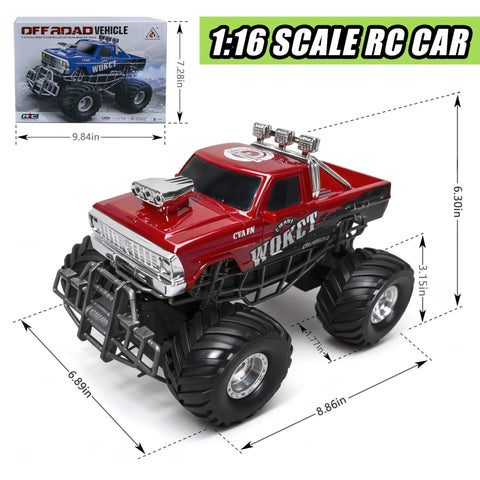 Red RC Monster Truck With Realistic Water Based Spray Mist 2.4GHz Remote Upright 360 Rotate 4WD All Terrain Off Road Toy Car 70 Minute Runtime Ideal Gift For Kids Aged 8 To 12 in 1:16 scale with oversized tires and box shown.