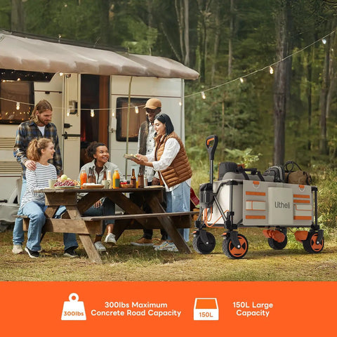 Beast Electric Utility Wagon Cart With 150L Capacity And 450 Lb Load near a camping group in front of a camper.