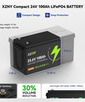 XZNY Compact 24V 100Ah LiFePO4 Battery with Built-In 100A BMS and Low Temp Protection for Trolling Motors, RVs, Campers