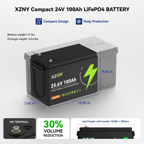 XZNY Compact 24V 100Ah LiFePO4 Battery with Built-In 100A BMS and Low Temp Protection for Trolling Motors, RVs, Campers