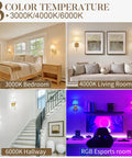 Rechargeable Battery Powered Wall Sconces Set Of Two With Dimmable Led Lights And Wireless Remote Usb C Charging Port For Living Rooms, shown in 3000K, 4000K, and 6000K settings.