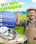 Top Shelf Automatic Animal Water Bowl With Stainless Steel Body, Dual Float Valve And 71 Inch Hose For Farm No Sweat Setup, Self Fill Kit For Livestock And Pet Care with man giving thumbs up.