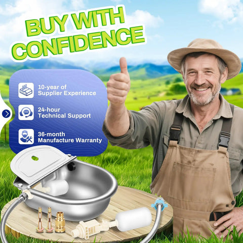 Top Shelf Automatic Animal Water Bowl With Stainless Steel Body, Dual Float Valve And 71 Inch Hose For Farm No Sweat Setup, Self Fill Kit For Livestock And Pet Care with man giving thumbs up.