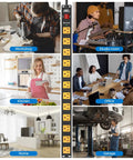12 Outlet Heavy Duty Power Strip With 15 Foot Cord 15 Amp 125V 1875W All Metal Aluminum Housing Grounded UL Listed For Home Office School; various usage scenes including workshop, kitchen, and garage.