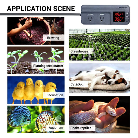 ITC-608T Temperature Controller With Dual Sensors shown in use for brewing, greenhouse, seed starters, pets, incubation, aquariums, reptiles.