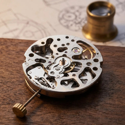 Automatic Skeleton Watch Movement For Wristwatch Repair And Watchmaking Parts Copper Silver Finish on wooden table