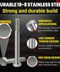 Beefy 5/8-11 Stainless Steel Hex Head Bolts 6 Inch Long, 304 Grade, Outdoor Ready, Heavy Duty Coarse Thread Hardware For DIY Projects, Construction, Marine And More; stainless hex bolt close-up