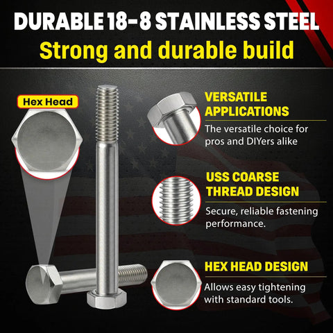 Beefy 5/8-11 Stainless Steel Hex Head Bolts 6 Inch Long, 304 Grade, Outdoor Ready, Heavy Duty Coarse Thread Hardware For DIY Projects, Construction, Marine And More; stainless hex bolt close-up