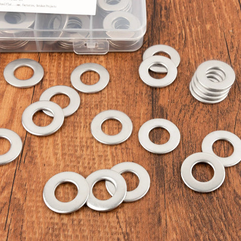 KURUI 3/8-in stainless steel flat washers, 115 pcs, 7/8 in OD, 304/18-8, shiny silver on wood